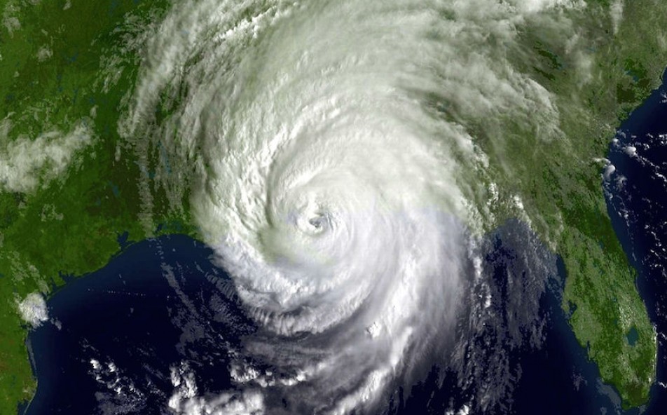 Hurricane Katrina shortly after landfall, Aug. 29, 2005, as captured by NOAA's GOES-12 weather satellite.